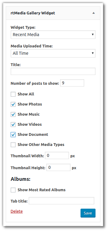 rtMedia Sidebar Widget admin settings