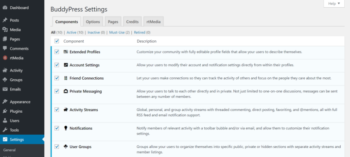 buddypress components settings