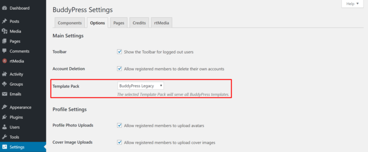 choose buddypress legacy template pack