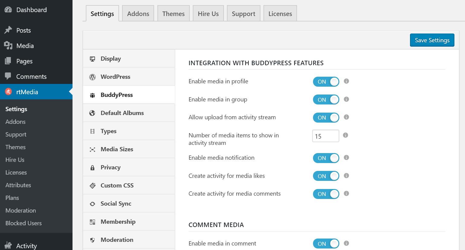 rtmedia buddypress settings