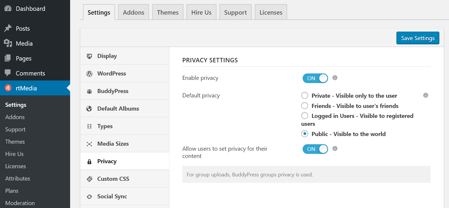 rtmedia privacy settings