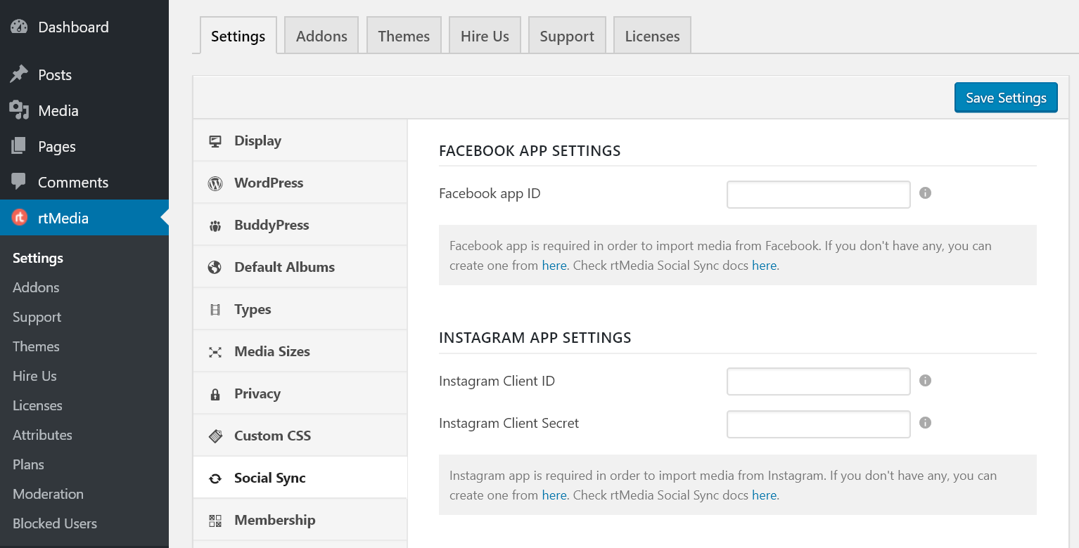 rtmedia social sync settings