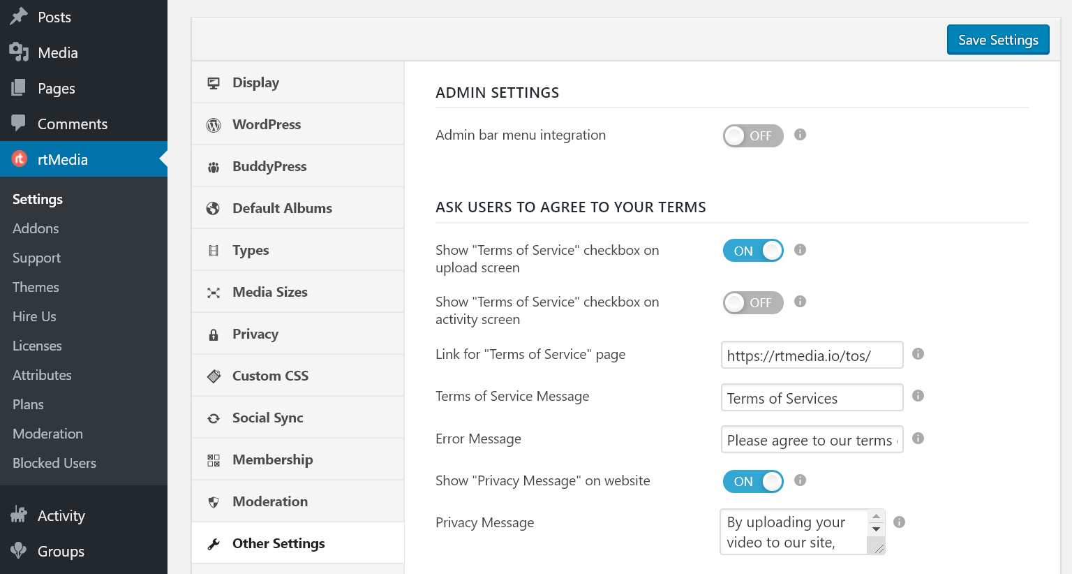 rtmedia terms of service and privacy policy settings